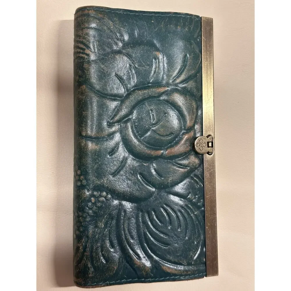 Patricia Nash Italian Leather Womens Floral Flower Hand Clutch Purse Dk Green